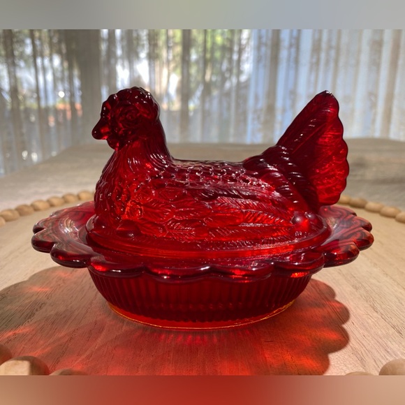 MOSSER Other - MOSSER - Vintage - Ruby Red Orange Amberina Glass Hen Covered Oval Butter Dish
